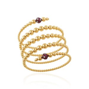 Diamonds And Ruby Layered Adjustable Spiral Bangle Style Gold Bracelet