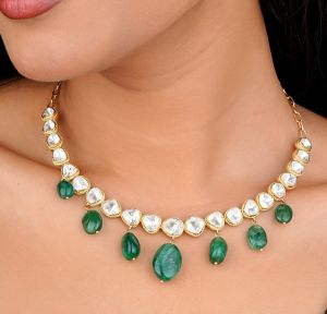  18Kt Yellow Gold with Diamond Polki & Emerald Necklace