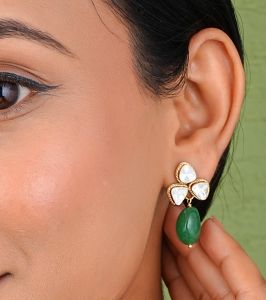 Gold Diamond and Green colour Round design Hanging Danglers Polki Earrings