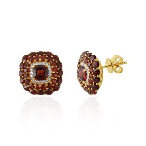 18Kt Yellow Gold Prong-set Garnet Earrings with Diamond Halo