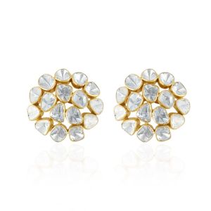 Diamond Lattice Geometric Stud Earrings With Diamond & Polki