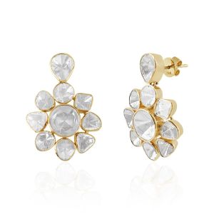 Flower Design Polki Stud Earrings 14Kt Yellow Gold With Diamond