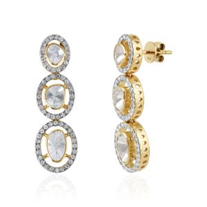 Diamond Drop Polki Earrings with Circular Motifs in Yellow Gold