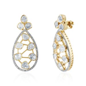 14Kt Yellow Gold with Diamond Stud Polki Earrings for Women