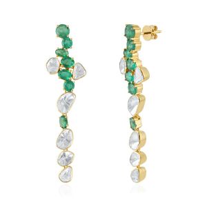 Emerald and Diamond Flower Petal Drop Polki Earrings in 18Kt Yellow Gold