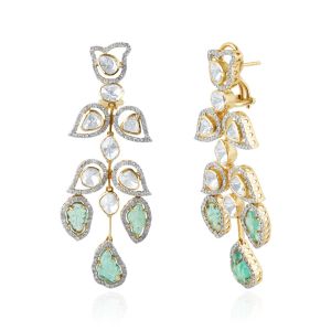 18Kt Yellow Gold with Diamond & Emerald Drop Dangler Earrings