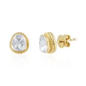 14Kt Yellow Gold with Diamond Stud Polki Earrings For Women