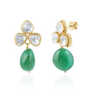 Gold Diamond and Green colour Round design Hanging Danglers Polki Earrings