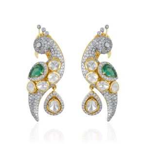 18Kt Gold Peacock Design Earring With Polki Diamonds and Emerald