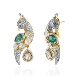 18Kt Gold Peacock Design Earring With Polki Diamonds and Emerald