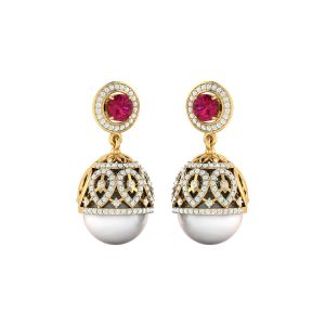 925 Sterling Silver Gemstone Jhumki With Diamond & Pearl, Ruby