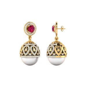 925 Sterling Silver Gemstone Jhumki With Diamond & Pearl, Ruby