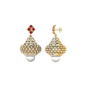 925 Sterling Silver Traditional Jhumki With Diamond & Pearl, Ruby