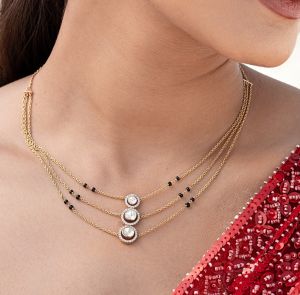 18Kt Yellow Gold Diamond With Black Beads Triple Layer Polki Necklace for Women