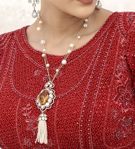 Artificial Triple Layer Beads and Chain  Pendant Polki Necklace