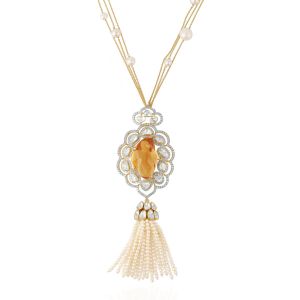 Artificial Triple Layer Beads and Chain  Pendant Polki Necklace