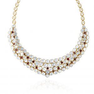 Yellow Gold Polki Diamond and Ruby Stone Wedding Jewellery Necklace Set for Women