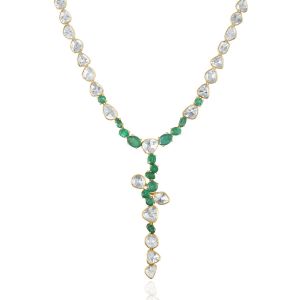 Emerald & Diamond Flower Petal Polki Necklace in 18Kt Yellow Gold