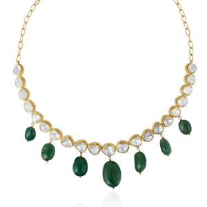  18Kt Yellow Gold with Diamond Polki & Emerald Necklace