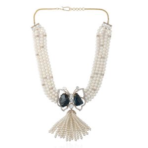 18Kt gold with diamond traditional light weight pearl fresh & blue topaz London necklace Jewellery set