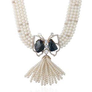 18Kt gold with diamond traditional light weight pearl fresh & blue topaz London necklace Jewellery set