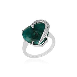 925 Sterling Silver Half Heart Ring With Ropada Green & American Diamond