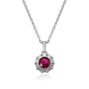 18Kt White gold Natural Diamond & Ruby Mini Pendant With Chain