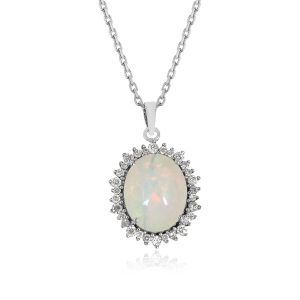 18kt White Gold Natural Diamonds & Ethiopian Opal With Chain For Women Gemstone Pendant