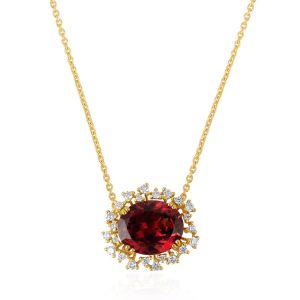 18Kt Yellow Gold Natural Diamond & Tourmaline pink Oval Cut Floral Halo Pendant