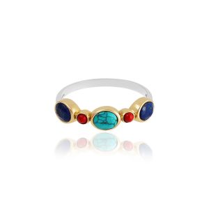 925 Sterling Silver Two Tone Metal Ring With Dyed Turquoise, Coral synthetic & Lapis