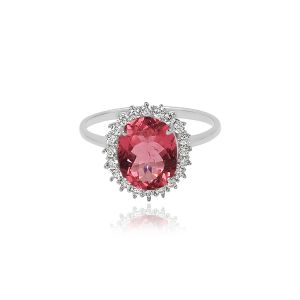 Dwarkas Arcobaleno Ring With 18Kt White Gold Ring & Natural Diamonds, Tourmaline Pink For Women