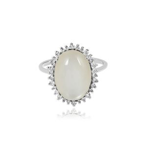 18Kt White Gold Natural Diamonds & White Moon Stone Women Ring