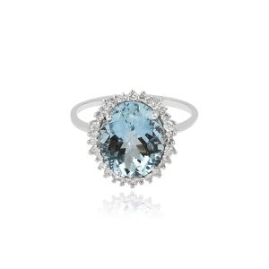 Dwarkas 18Kt White Gold Natural Diamond & Natural Aquamarine Women Ring