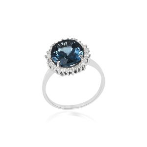 Dwarkas 18Kt White Gold Natural Diamond & Natural Blue Topaz London Women Ring