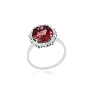 Dwarkas 18Kt White Gold Natural Diamond & Natural Tourmaline pink Women Ring