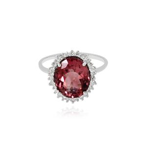 Dwarkas 18Kt White Gold Natural Diamond & Natural Tourmaline pink Women Ring