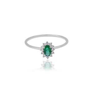 18Kt White Gold Natural Diamond & Natural Emerald Slender Ring