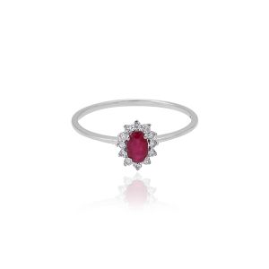 18Kt White Gold Natural Diamond & Natural Ruby Slender Ring