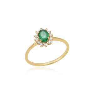 18Kt Gold Natural Diamond & Natural Emerald Minimalist Ring