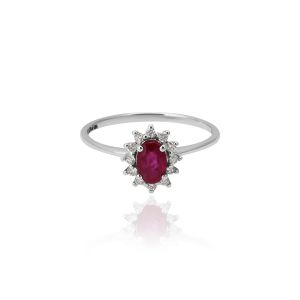 18Kt White Gold Natural Diamonds & Natural Ruby Minimalist Ring