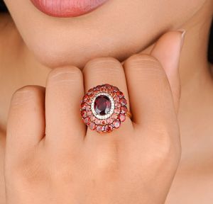 18Kt Gold Stone Genuine Garnet and Diamond Accent Halo Ring