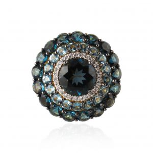 18Kt Yellow Gold With Blue Topaz London & Diamond Cocktail Wedding Ring