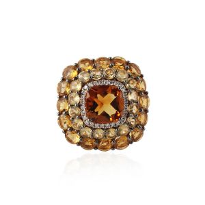 18kt Yellow Gold Citrine Cushion Cocktail Flower Ring
