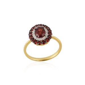 Oval and Round Cut Garnet Halo Statement Ring 18kt Yellow Gold with Diamond