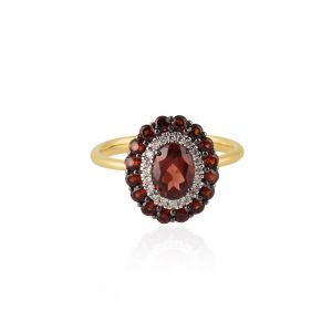 Oval and Round Cut Garnet Halo Statement Ring 18kt Yellow Gold with Diamond