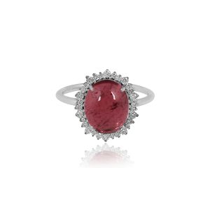 18Kt White Gold Natural Diamonds & Natural Tourmaline Pink Woman Gemstone Ring