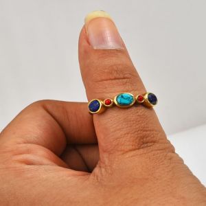 925 Sterling Silver Two Tone Metal Ring With Dyed Turquoise, Coral synthetic & Lapis