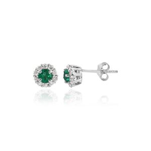 18Kt White Gold Natural Diamond & Natural Emerald Mini Earring