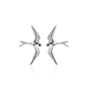 18Kt White Gold Bird Stud With Natural Ruby