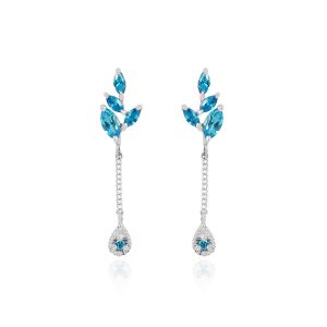 925 Sterling Silver Leaf Dangle With Blue American Diamond